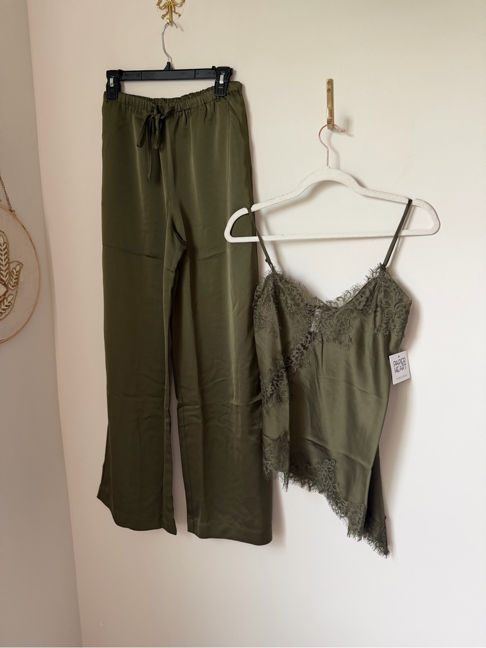 Olive green Lace asymmetrical Cami & wide leg Pants Set